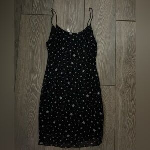 Star-Print Black Mini Slip Dress with Spaghetti Straps